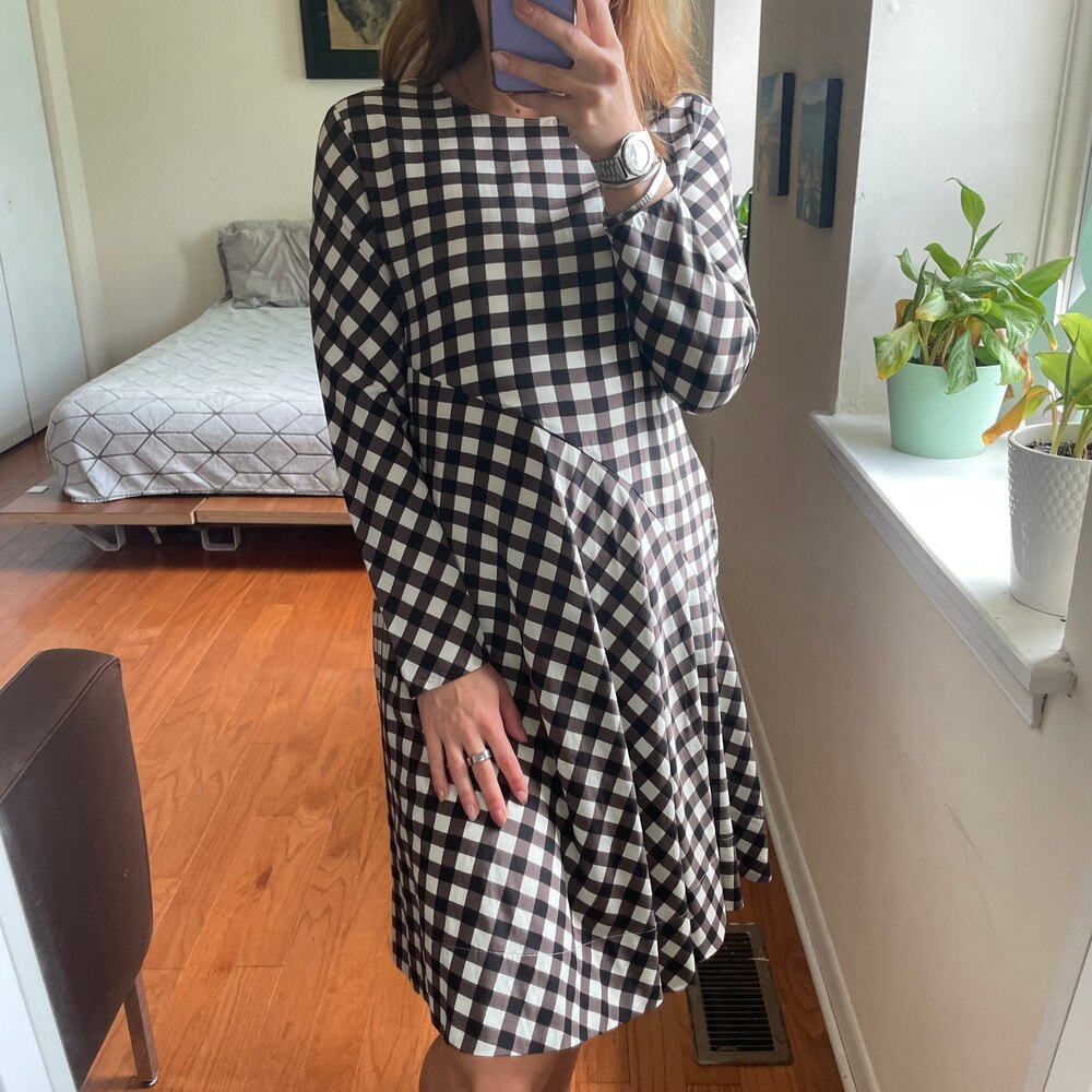 Marni Gingham Asymmetrical Long Sleeve Knee Length Dress Brown White 34